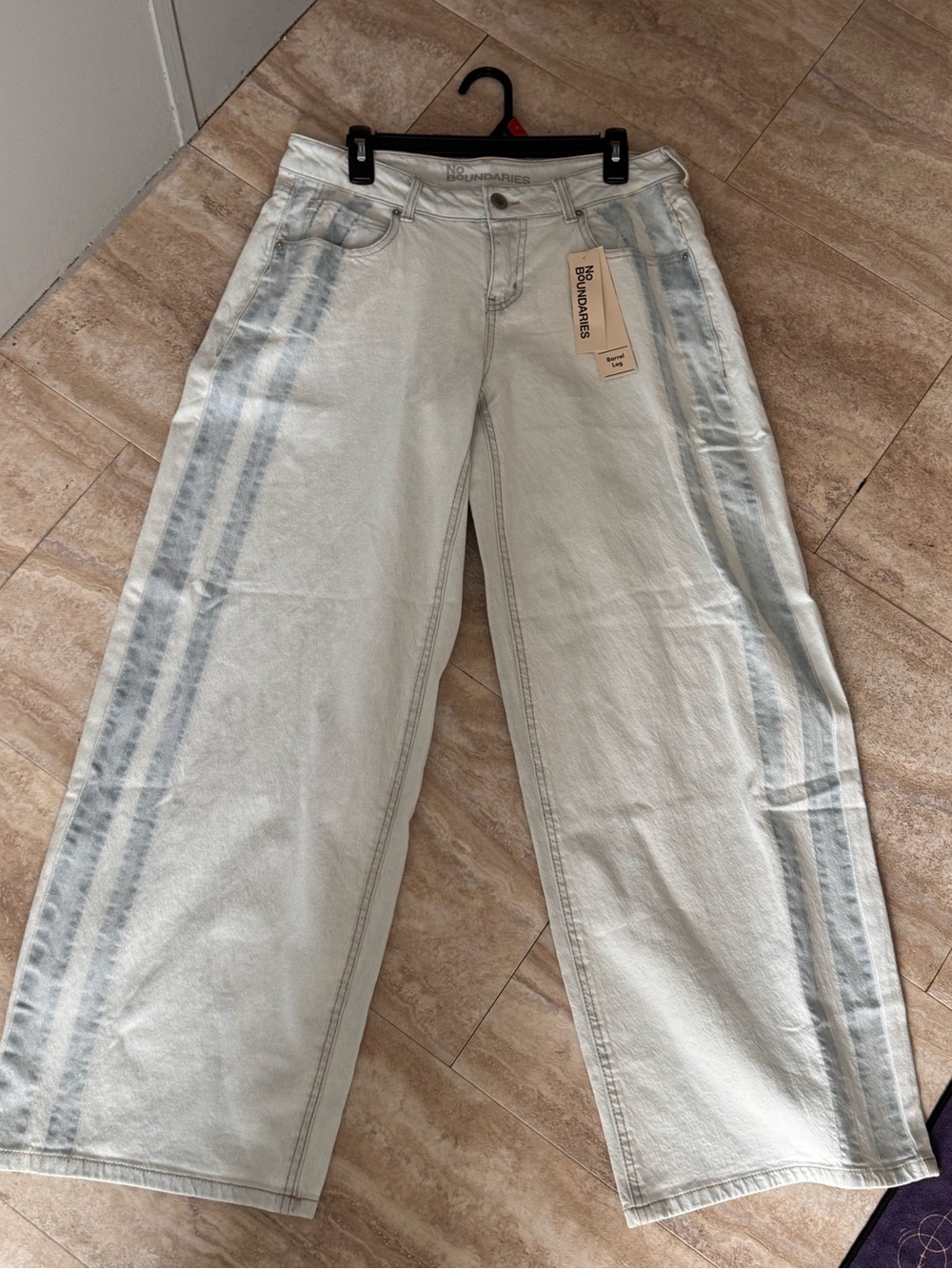 No Boundaries Light White Wide-Leg Jeans with Gray Side Stripes